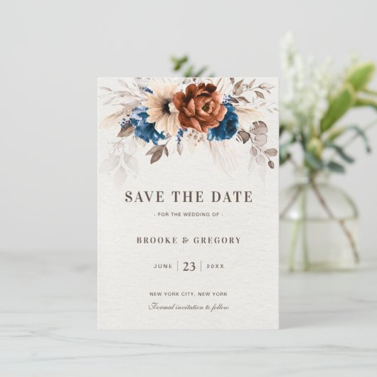 Terracotta Navy Blue Pampas Grass Save the date (Staand voorkant)