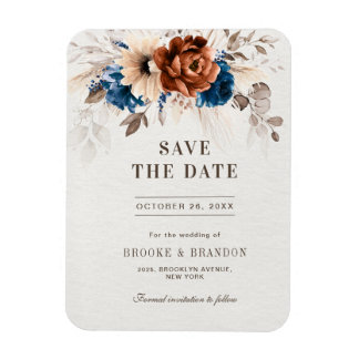Terracotta Navy Blue Pampas Grass Save the Date Magneet