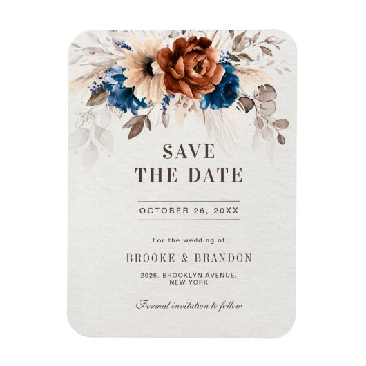 Terracotta Navy Blue Pampas Grass Save the Date Magneet (Verticaal)