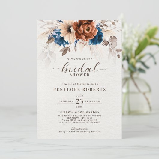 Terracotta Navy Blue Pampas Grass Vrijgezellenfees Kaart (Staand voorkant)