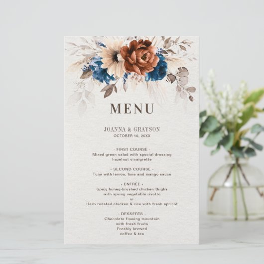 Terracotta Navy Blue Pampas Grass Wedding Menu (Staand voorkant)