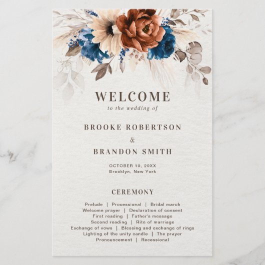 Terracotta Navy Blue Pampas Grass Wedding Programm (Voorkant)