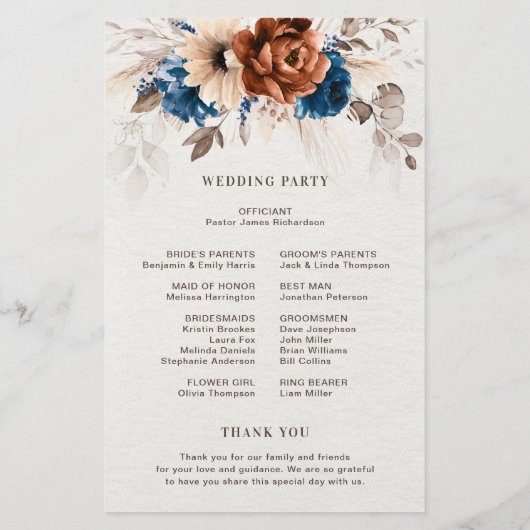 Terracotta Navy Blue Pampas Grass Wedding Programm (Achterkant)