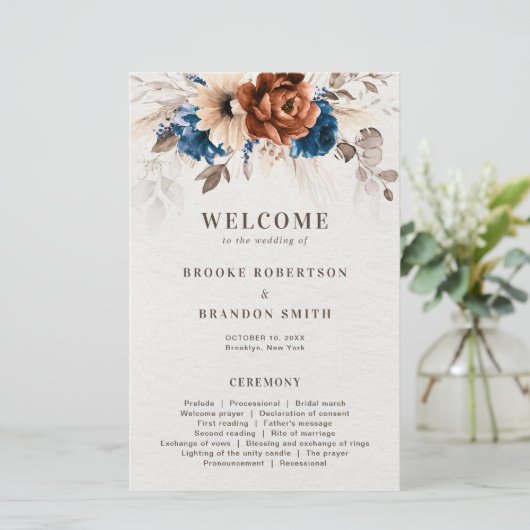 Terracotta Navy Blue Pampas Grass Wedding Programm (Staand voorkant)