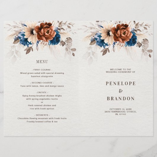 Terracotta Navy Blue Pampas Grass Wedding Programm (Voorkant)