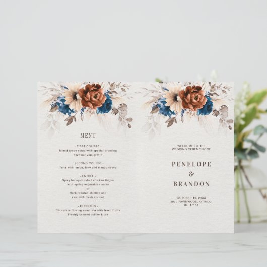 Terracotta Navy Blue Pampas Grass Wedding Programm (Staand voorkant)