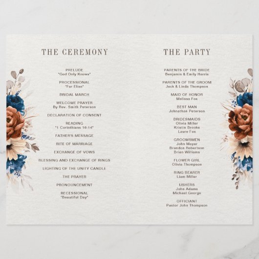 Terracotta Navy Blue Pampas Grass Wedding Programm (Achterkant)