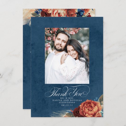 Terracotta Navy Blue Wedding Bedankkaart (Voorkant / Achterkant)