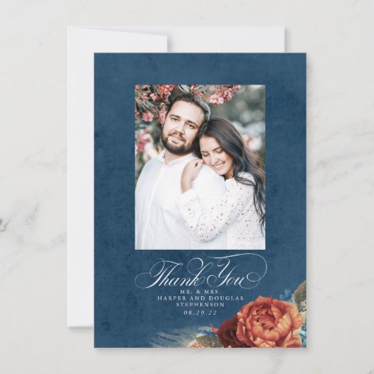 Terracotta Navy Blue Wedding Bedankkaart (Voorkant)