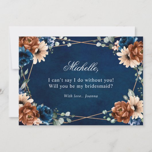 Terracotta Navy Blue zal je mijn bruidsmeisje zijn Kaart (Achterkant)