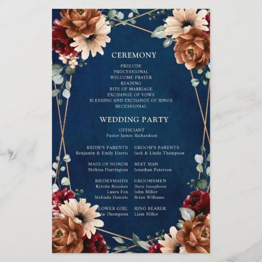 Terracotta Navy Burgundy Geometric Wedding Program (Achterkant)