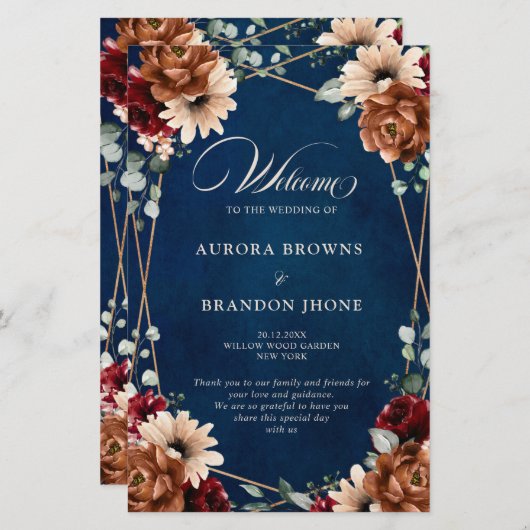 Terracotta Navy Burgundy Geometric Wedding Program (Voorkant / Achterkant)