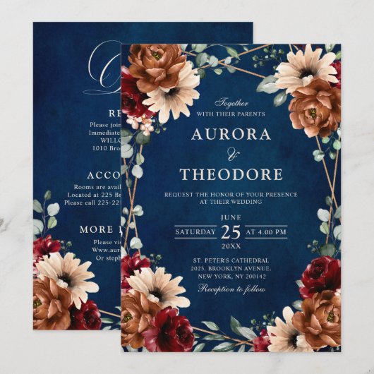 Terracotta Navy Burgundy Red Geometric Wedding Kaart (Voorkant / Achterkant)