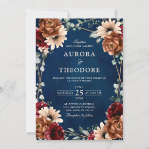 Terracotta Navy Burgundy Red Geometric Wedding Kaart