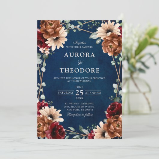 Terracotta Navy Burgundy Red Geometric Wedding Kaart (Staand voorkant)