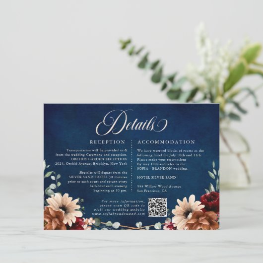 Terracotta Navy Greenery Bourgogne Wedding Details Informatiekaartje (Staand voorkant)