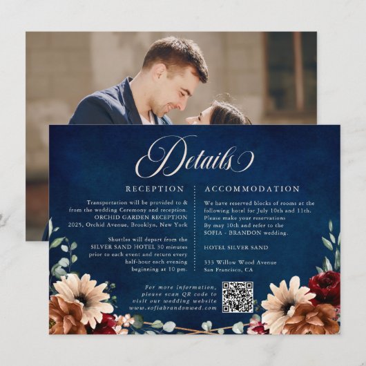 Terracotta Navy Greenery Bourgogne Wedding Details Informatiekaartje (Voorkant / Achterkant)