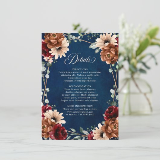 Terracotta Navy Greenery Bourgogne Wedding Details Informatiekaartje (Staand voorkant)