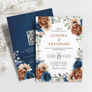 Terracotta Navy Greenery Geometrische bruiloft QR- Kaart