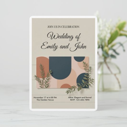 Terracotta Navy Greenery Wedding Invitation Kaart (Staand voorkant)