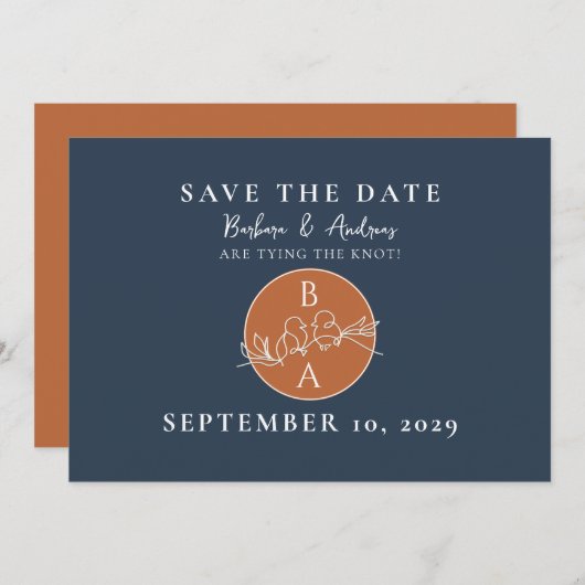 Terracotta Navy Monogram Huwelijk Save The Date (Voorkant / Achterkant)