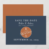 Terracotta Navy Monogram Trouwjurk Save The Date (Voorkant / Achterkant)