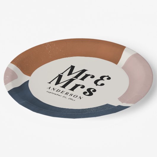 terracotta navy painterly abstract wedding mr mrs papieren bordje (Gekanteld)