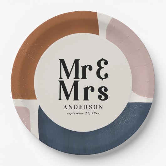 terracotta navy painterly abstract wedding mr mrs papieren bordje (Voorkant)
