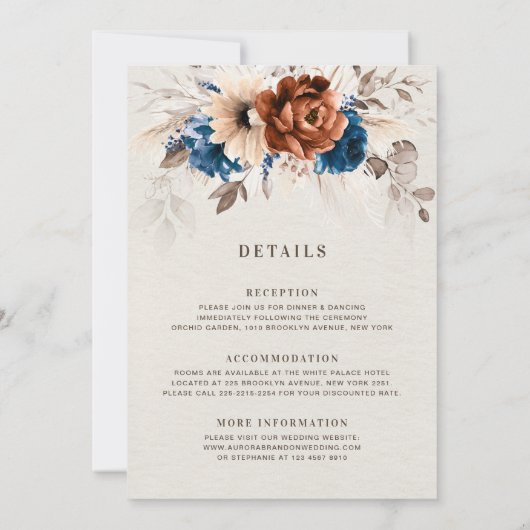 Terracotta Navy Pampas Grass Alles in één bruiloft Kaart (Achterkant)