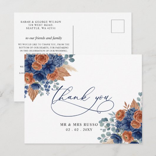 Terracotta Navy Pampas Groenery Dank Je Briefkaart (Voorkant / Achterkant)