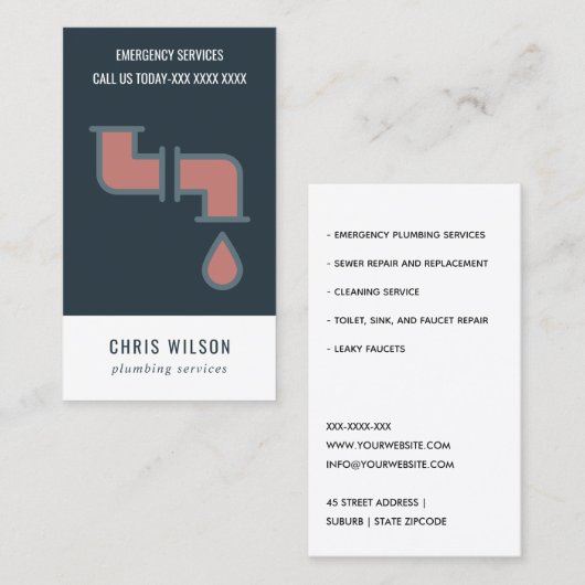 TERRACOTTA NAVY PLUMBER SERVICE PIPES PLUMBING VISITEKAARTJE (Voorkant / Achterkant)