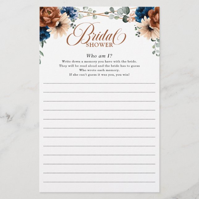 Terracotta Navy Vrijgezellenfeest Game die ik ben (Voorkant)