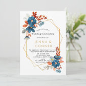 Terracotta Navyblauw Gouden Bloem Bruiloft Kaart (Staand voorkant)