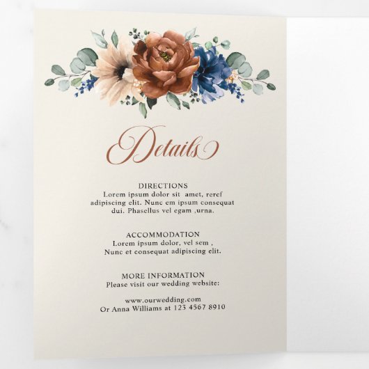 Terracotta Navyblauw Groene Geometrische Trouw Tr Drieluik Aankondiging (Binnenzijde eerst)