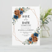 Terracotta Navyblauw Groene Geometrische Trouwza Save The Date (Staand voorkant)