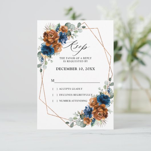 Terracotta Navyblauw Groenery Geometrische Trouw R RSVP Kaartje (Staand voorkant)