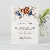 Terracotta Navyblauw Pampasgras Botanisch Trouwen Kaart (Staand voorkant)