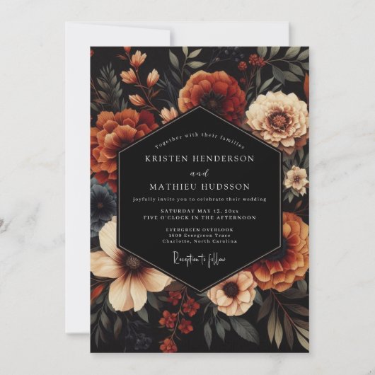 Terracotta Noir Bloom Wedding Kaart (Voorkant)