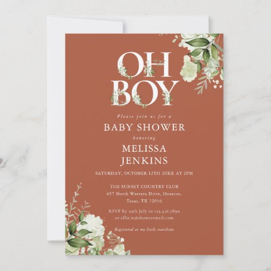 Terracotta Oh Boy Botanical Greenery Baby shower Kaart (Voorkant)
