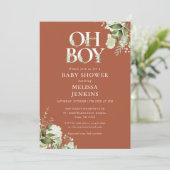 Terracotta Oh Boy Botanical Greenery Baby shower Kaart (Staand voorkant)