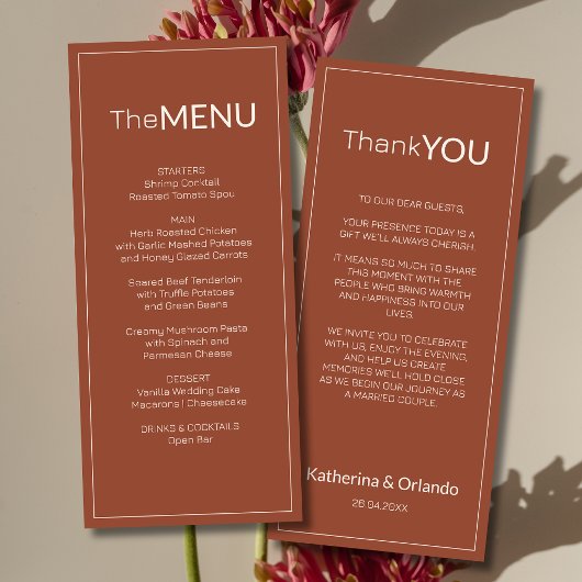 Terracotta Old Money Trouwmenu Bedankbrief Programmakaart