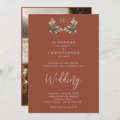 Terracotta Olive Branch Monogram Photo Wedding  Kaart (Voorkant / Achterkant)