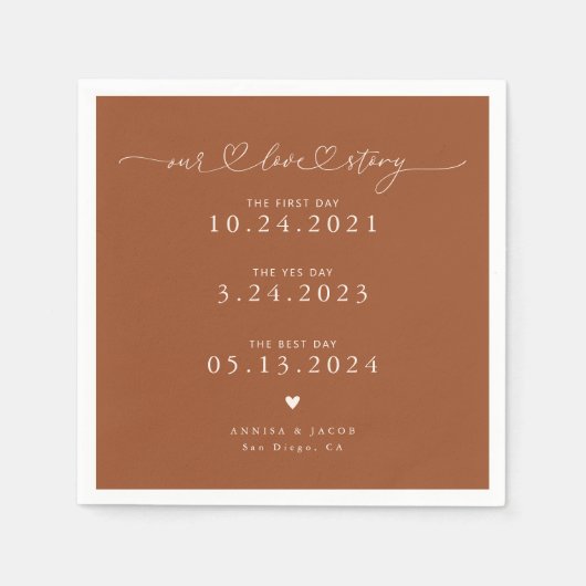 Terracotta onze liefde verhaal script harten bruil servet (Voorkant)