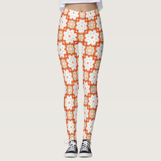 Terracotta Orange & Sage Green Geometric Floral Le Leggings (Voorkant)