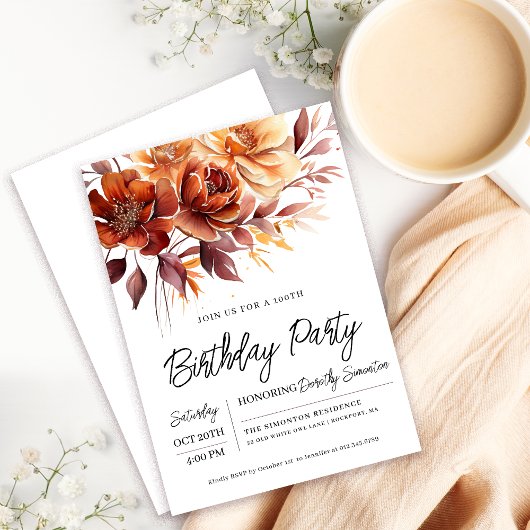 Terracotta Oranje Herfst Bloemen 100e Verjaardag Kaart