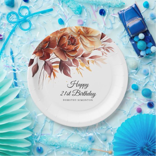 Terracotta Oranje Herfst Bloemen 21e Verjaardag Papieren Bordje (Feest)