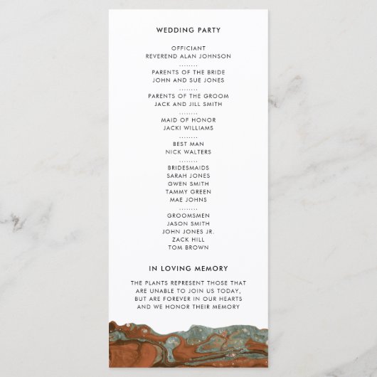 Terracotta Oranje & Teal Marmer Trouwprogramma Programmakaart (Achterkant)