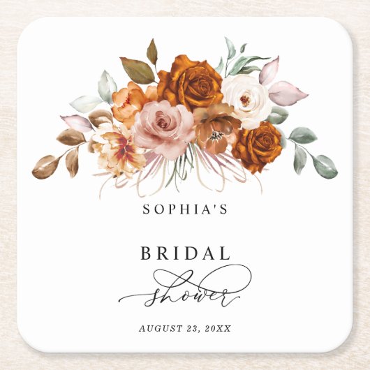 Terracotta Oranjekleurige Bloemige Bruidsdouche Kartonnen Onderzetters (Voorkant)