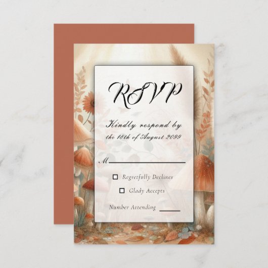 Terracotta Paddenstoel Bos Magie Bruiloft RSVP Kaartje (Voorkant / Achterkant)