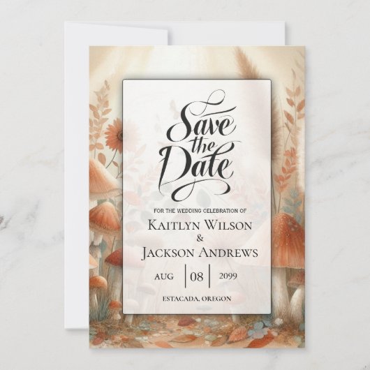 Terracotta Paddenstoel Bos Magie Bruiloft Save The Date (Voorkant)